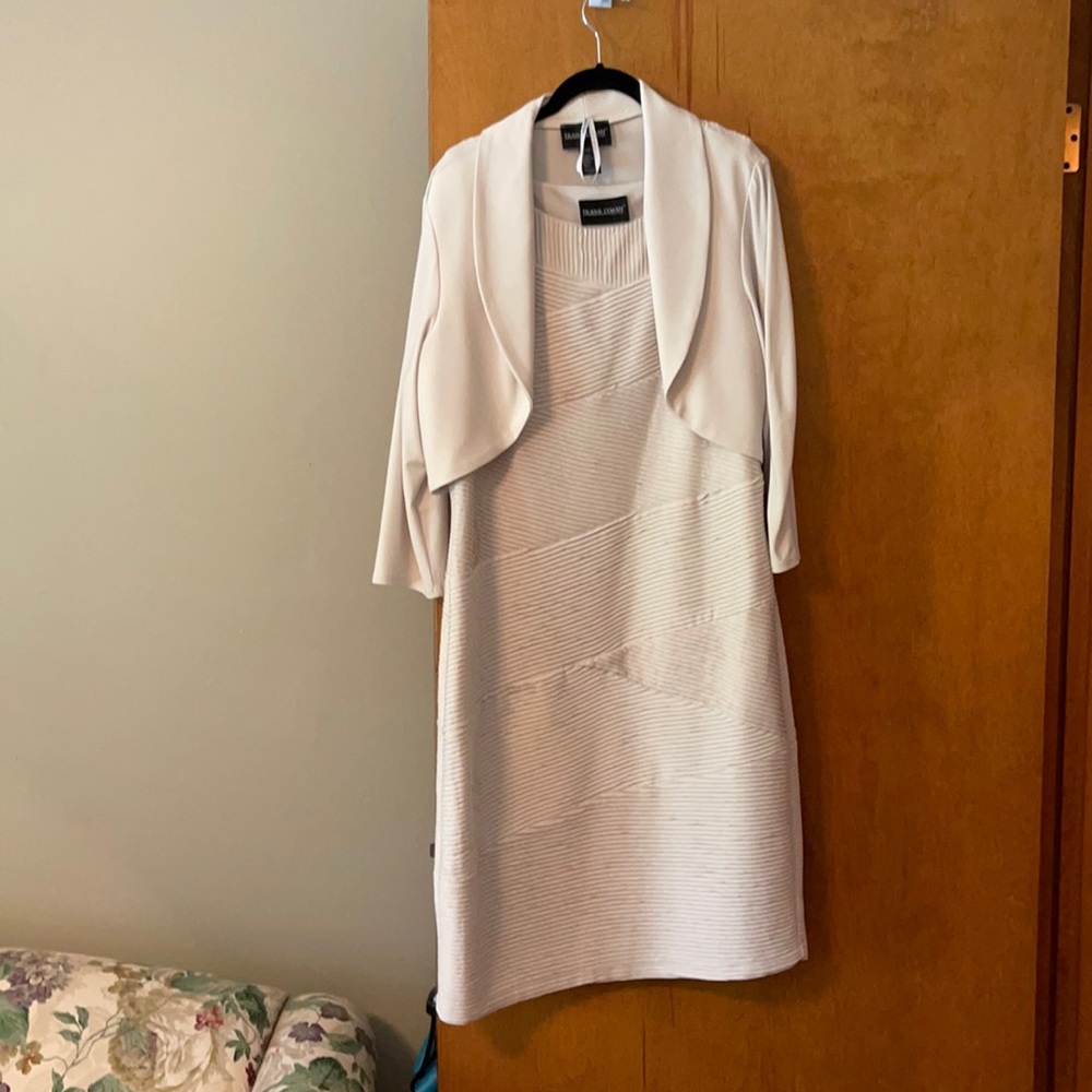 Creme color sheath dress with borello jacket
